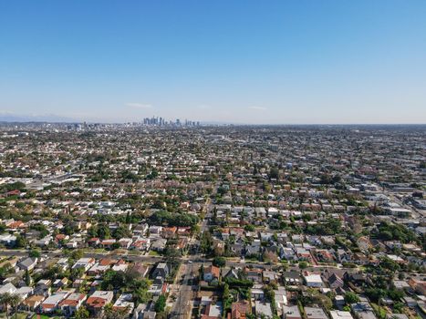 Aerial view above Mid-City neighborhood in Central Los Angeles, California. USA