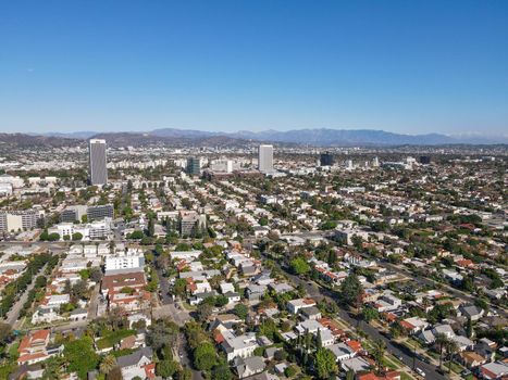 Aerial view above Mid-City neighborhood in Central Los Angeles, California. USA