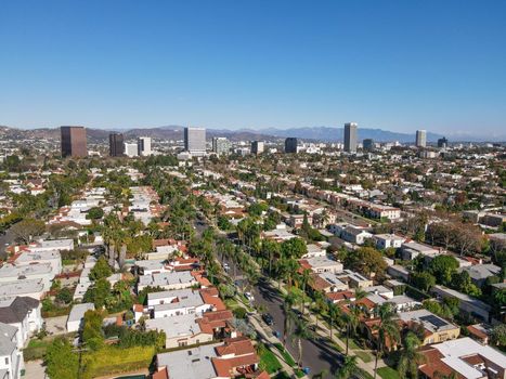 Aerial view above Mid-City neighborhood in Central Los Angeles, California. USA