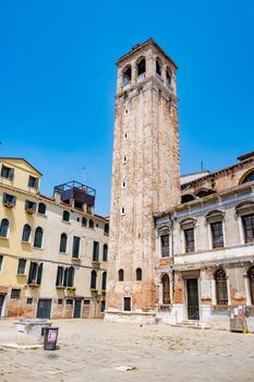 Beautiful venetian street in summer day, Italy. Venice Europe