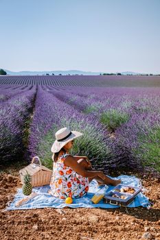 Provence, Lavender field France, Valensole Plateau, colorful field of Lavender Valensole Plateau, Provence, Southern France. Lavender field. Europe. woman on vacation at the provence lavender fields,