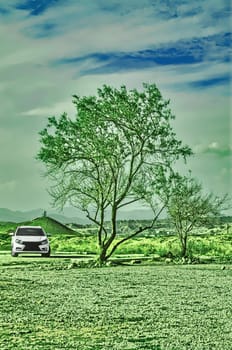 White against a blue sky and clouds. The village landscape.