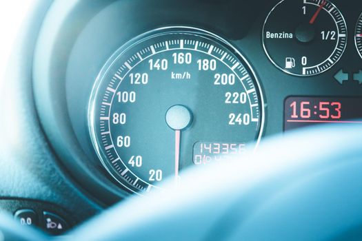Closeup of the dashboard of a sports car, tachometer and fuel indicator