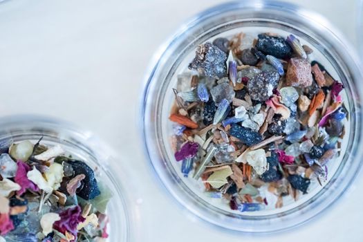 Close up picture of dried incense in a glass bowl
