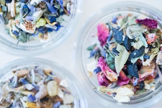 Close up picture of dried incense in a glass bowl