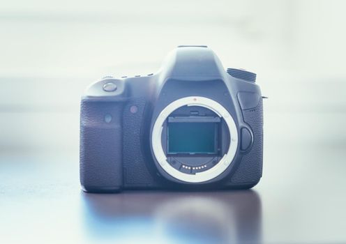 Professional reflex camera on a table, camera sensor