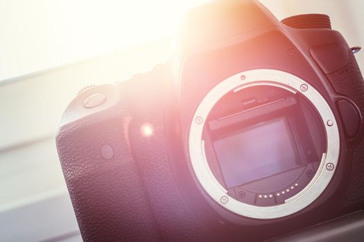 Professional reflex camera on a table, camera sensor