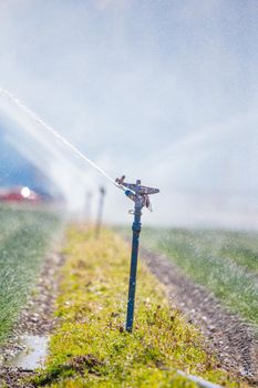 Irrigation plant on an agriculture field, summer day, soil