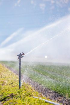 Irrigation plant on an agriculture field, summer day, soil