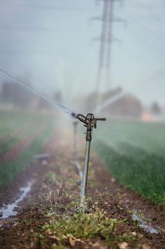 Irrigation plant on an agriculture field, summer day, soil