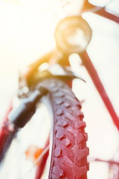 Close up picture of a mountain bike tyre, summer day