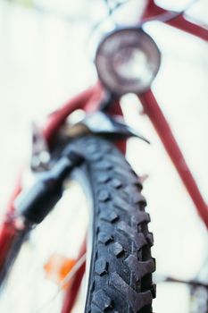Close up picture of a mountain bike tyre, summer day