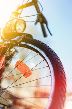 Close up picture of a mountain bike tyre, summer day. Bike in the blurry background.