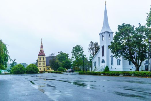 View of the St. John Lutheran Church, and the Anglican Church, in Mahone Bay, Nova Scotia, Canada