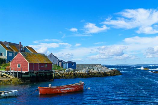 View of boats and houses, in the fishing village Peggys Cove, Nova Scotia, Canada