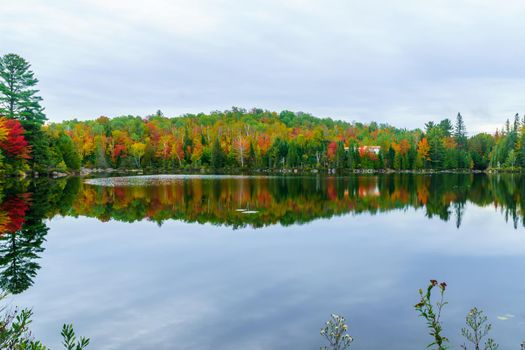 View of Lake Masson, with reflections and fall foliage colors in the Laurentian Mountains, Quebec, Canada