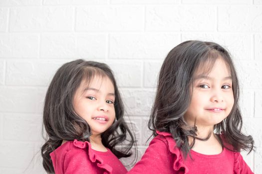 An Identical twin girls sisters are posing for the camera. Happy twin sisters in dresses are looking at the camera and smiling. Frontal view, on white background