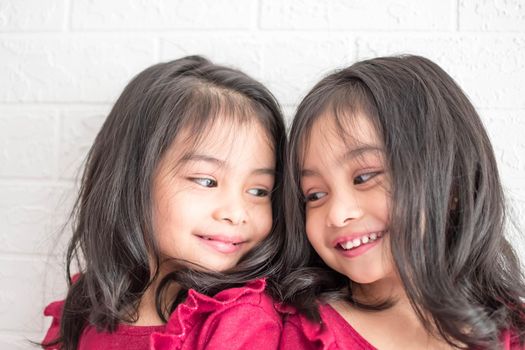 An Identical twin girls sisters are posing for the camera. Happy twin sisters in dresses are looking at the camera and smiling. Frontal view, on white background