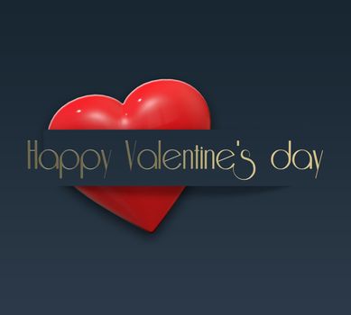 Love card for Valentine's day with red heart in paper strip on blue background. Gold text Happy Valentine's day. 3D rendering. Romantic love card for 14th February