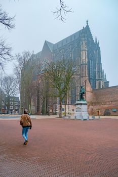 Utrecht, Netherlands Holland Europe January 2021 Almost empty city during the second wave in the Netherlands of the coronavirus pandemic covid 19, Traditional houses on traditional houses on the Oudegracht Old Canal in the center of 