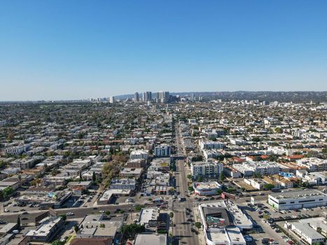 Aerial view above Mid-City neighborhood in Central Los Angeles, California. USA