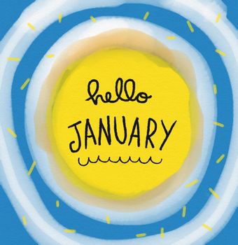 Hello January word on yellow and blue round abstract watercolor painting illustration