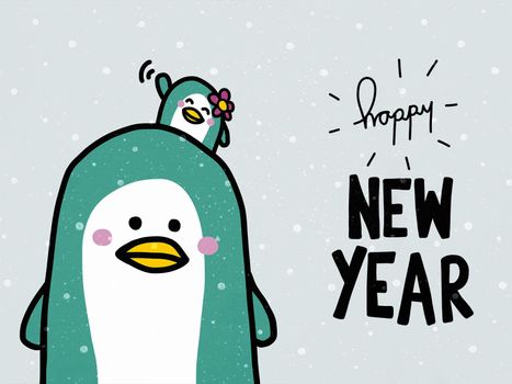 Happy New Year word and cute couple penguin lover cartoon illustration doodle style