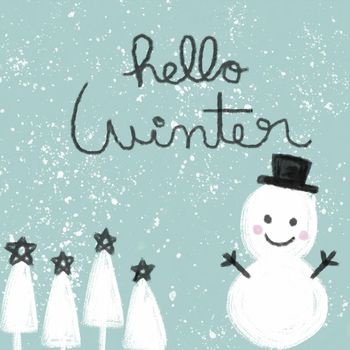 Hello Winter word and snowman watercolor painting illustration