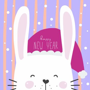 Cute white rabbit wear New Year hat watercolor painting illustration