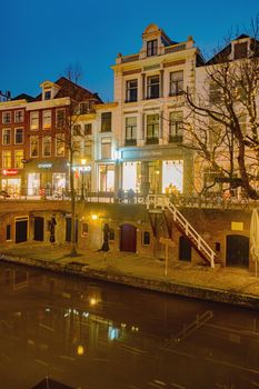 Utrecht, Netherlands Holland Europe January 2021 Almost empty city during the second wave in the Netherlands of the coronavirus pandemic covid 19, Traditional houses on traditional houses on the Oudegracht Old Canal in the center of 