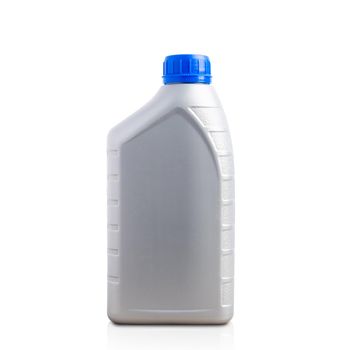 Gray plastic can machine lubricating oil bottle 1 liter with a blue cap for machine engine isolated on over white background with clipping path