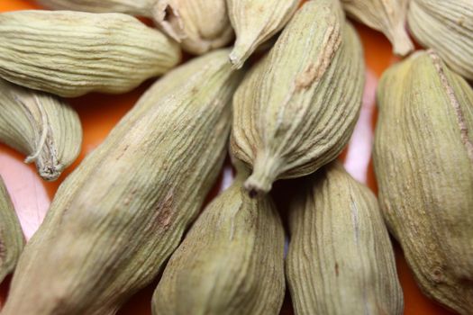 Closeup top view of dried green Elettaria cardamomum fruits with seeds, cardamom spice scattered on white background