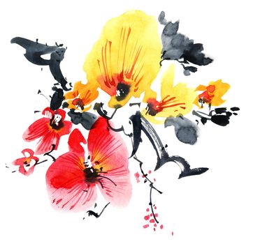 Watercolor and ink illustration of blossom sakura tree with flowers and buds. Oriental traditional painting in style sumi-e, u-sin and gohua.