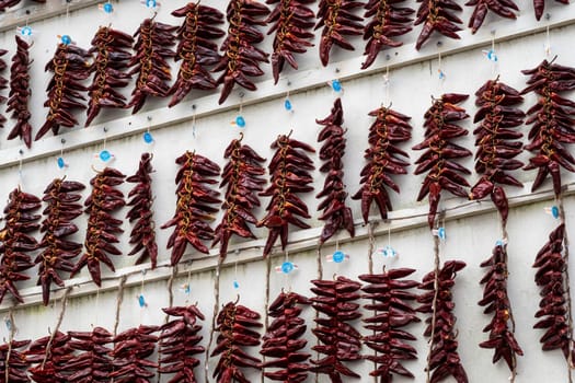 ESPELETTE, FRANCE - CIRCA JANUARY 2021: Strings of PDO Espelette chili peppers drying on white wall.