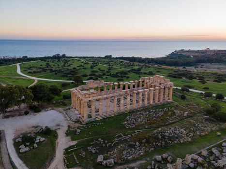 Greek temples at Selinunte, View on sea and ruins of greek columns in Selinunte Archaeological Park Sicily Italy