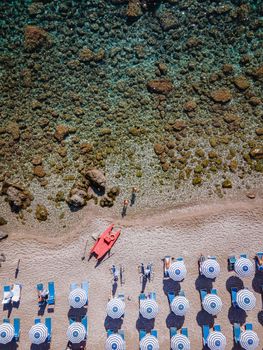 Isola Bella at Taormina, Sicily, Aerial view of the island and Isola Bella beach and blue ocean water in Taormina, Sicily, Italy Europe