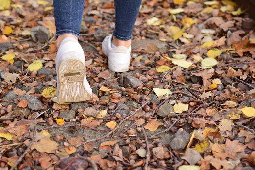 Walking legs wearing blue jeans and white shoes on autumn leaves and old railroad tracks