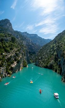 view to the cliffy rocks of Verdon Gorge at lake of Sainte Croix, Provence, France, near Moustiers SainteMarie, department Alpes de Haute Provence, region Provence Alpes Cote Azur. France