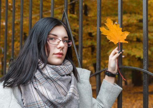 young girl holding a yellow maple leaf in her hand in the park in autumn. portrait closeup