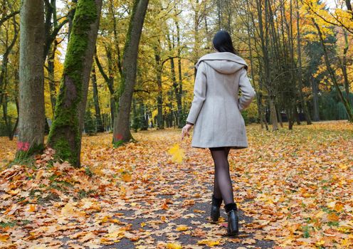 young girl in a gray coat walking on an alley in a city park on an autumn day. back view