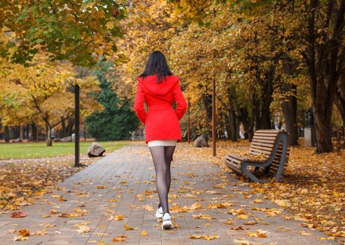 young girl in a red coat walking on an alley in a city park on an autumn day. back view