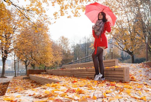 young girl in a red coat with an umbrella standing on the alley of a city park on a sunny autumn day