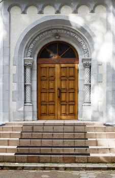 beautiful retro front door. outside view. sunny summer day