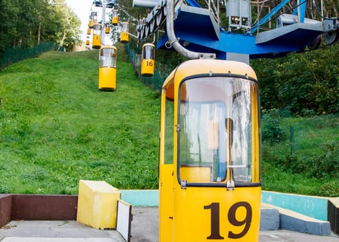 cable car in the resort town on sunny autumn day