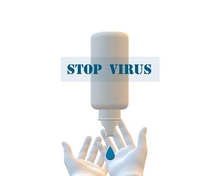 Stop virus sign with hands and sanitiser. Protection against virus warning on white background. Isolated over white, 3D illustration