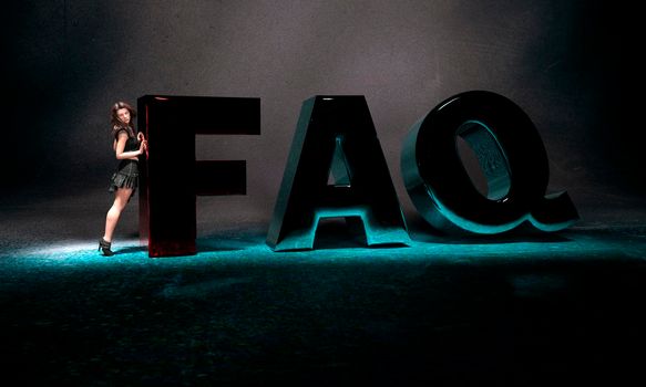 Girl leaning on FAQ text at dark background. Three-dimensional rendering with shadows and reflections - 3d rendering