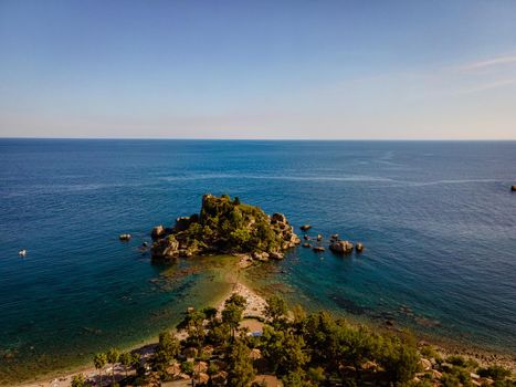 Isola Bella at Taormina, Sicily, Aerial view of the island and Isola Bella beach and blue ocean water in Taormina, Sicily, Italy Europe