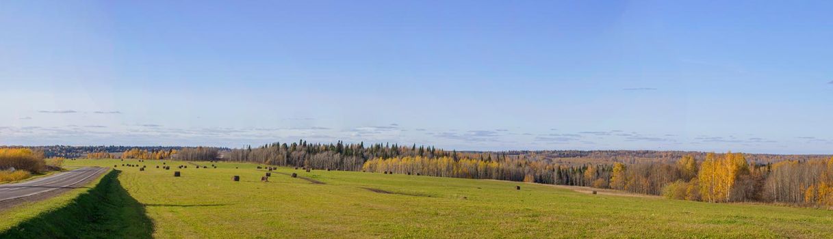 Road between fields with hay bales in autumn. Agricultural field with sky and clouds. The nature of agriculture. Straw in the meadow. Rural natural landscape. The harvest of grain and the harvest.