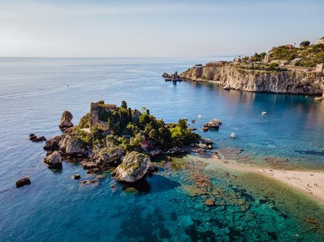 Isola Bella at Taormina, Sicily, Aerial view of the island and Isola Bella beach and blue ocean water in Taormina, Sicily, Italy Europe