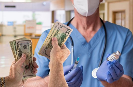 Senior man nurse with syringe offering a dose of the vaccine in exchange for cash to beat the priority line or queue